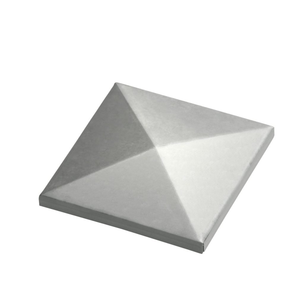 Decorative silver pyramid-shaped metal cover for square gate pillars or fence posts.