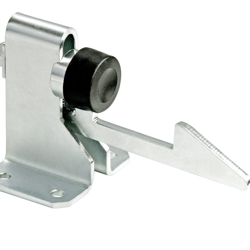 Heavy-duty galvanized steel sliding gate stopper with a black rubber buffer and floor mounting plate.