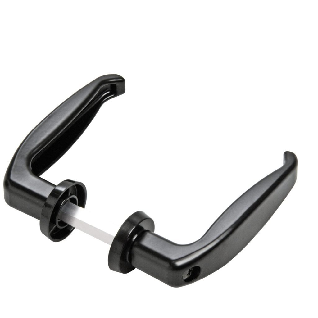 Pair of modern black lever door handles with a matching spindle and mounting hardware.