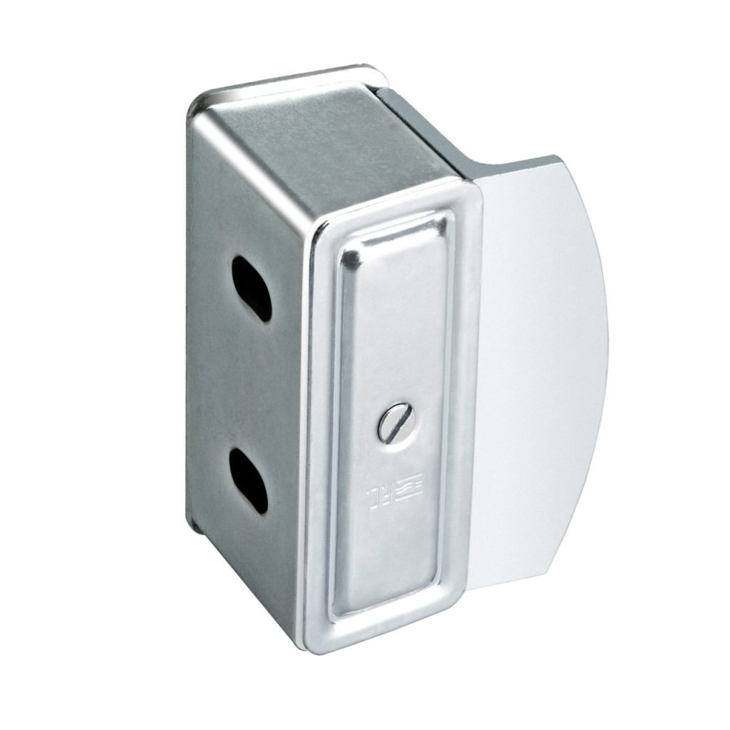 Silver metal sliding gate hook strike plate and receiver box for secure gate closure.