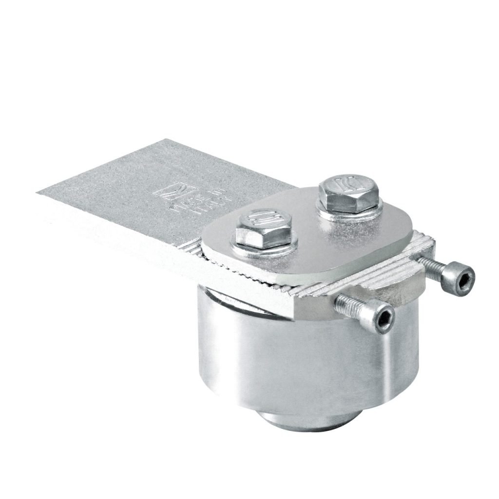 Industrial metal sliding gate guide roller assembly with mounting plate and adjustable nut.