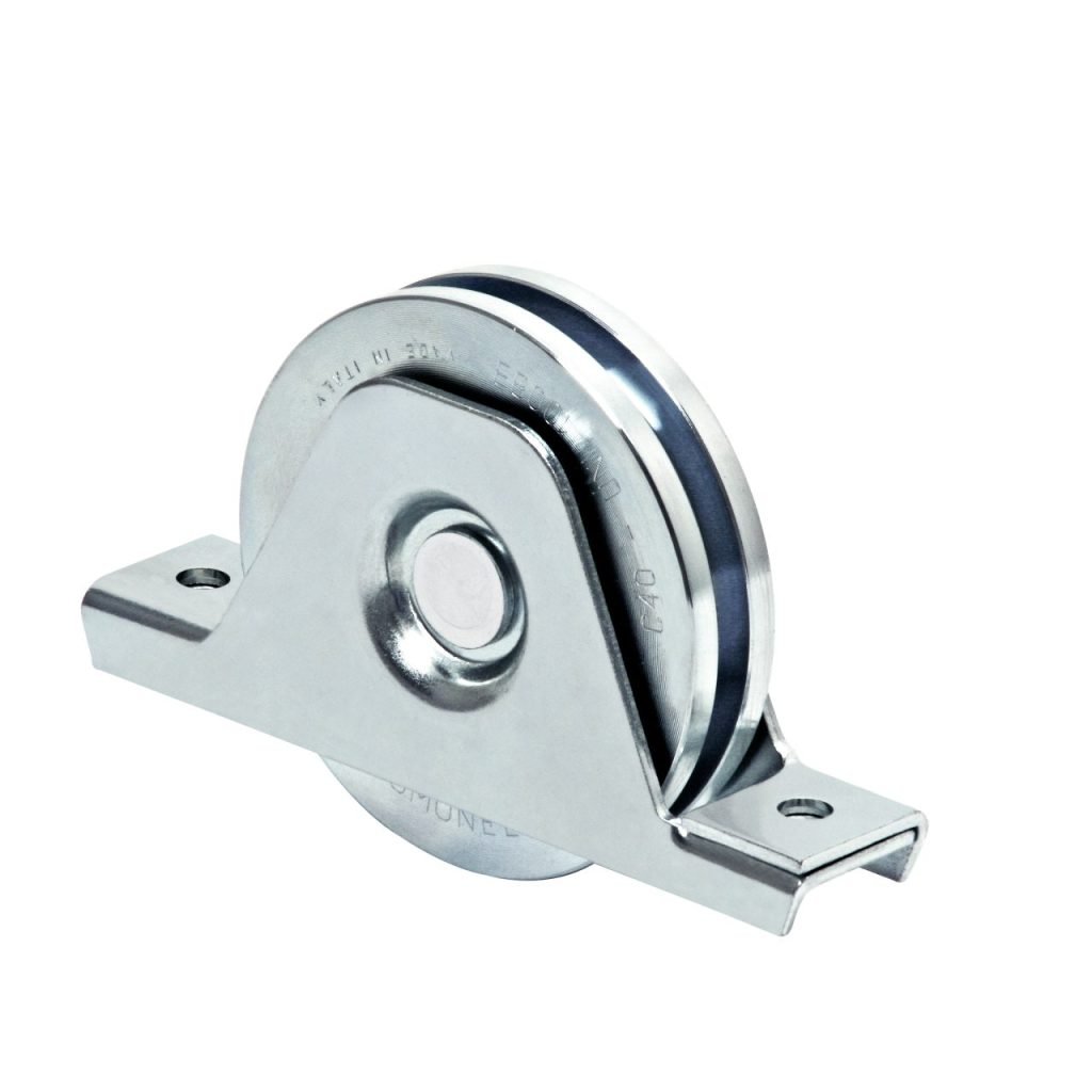 Zinc-plated U-groove sliding gate wheel with bearing and mounting bracket.