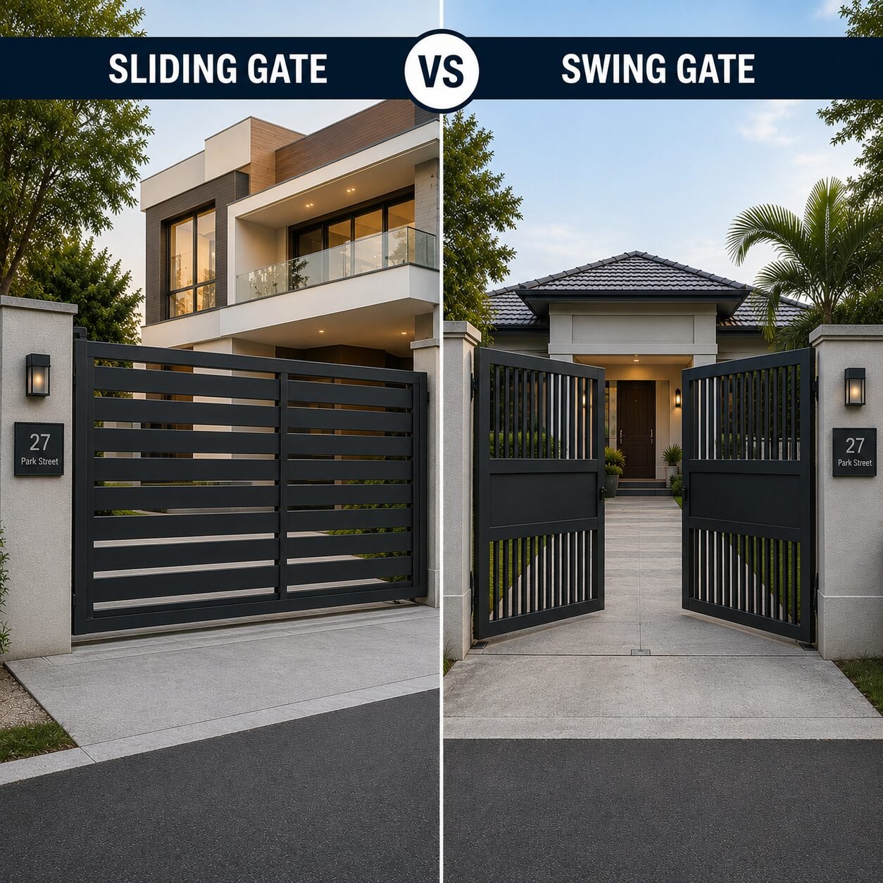 Sliding vs Swing Gates comparison showing a modern sliding gate and swing gate for residential homes