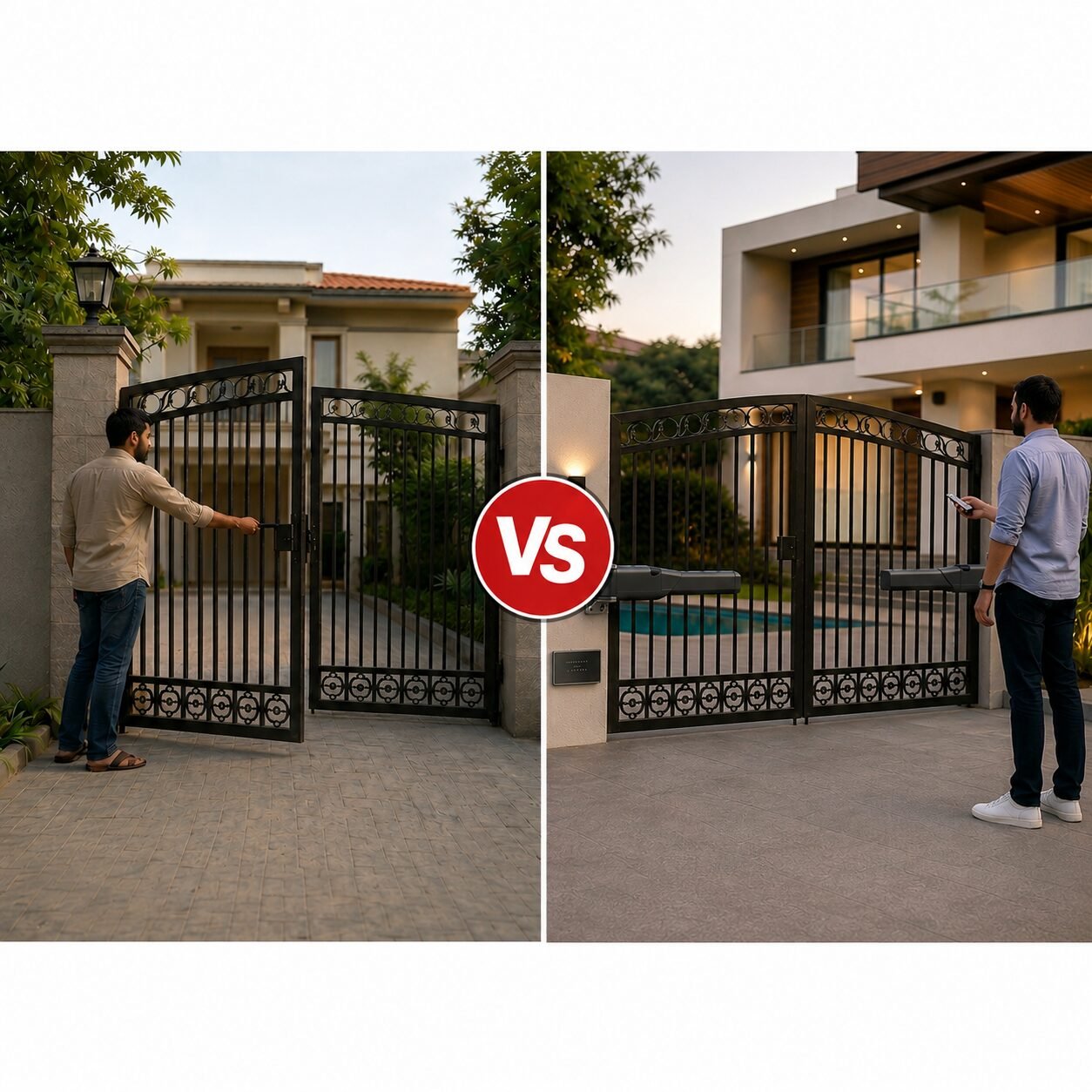Side-by-side comparison of a manual gate and an automatic gate at modern residential homes, showing a homeowner opening a gate by hand on one side and controlling an automated gate with a remote on the other