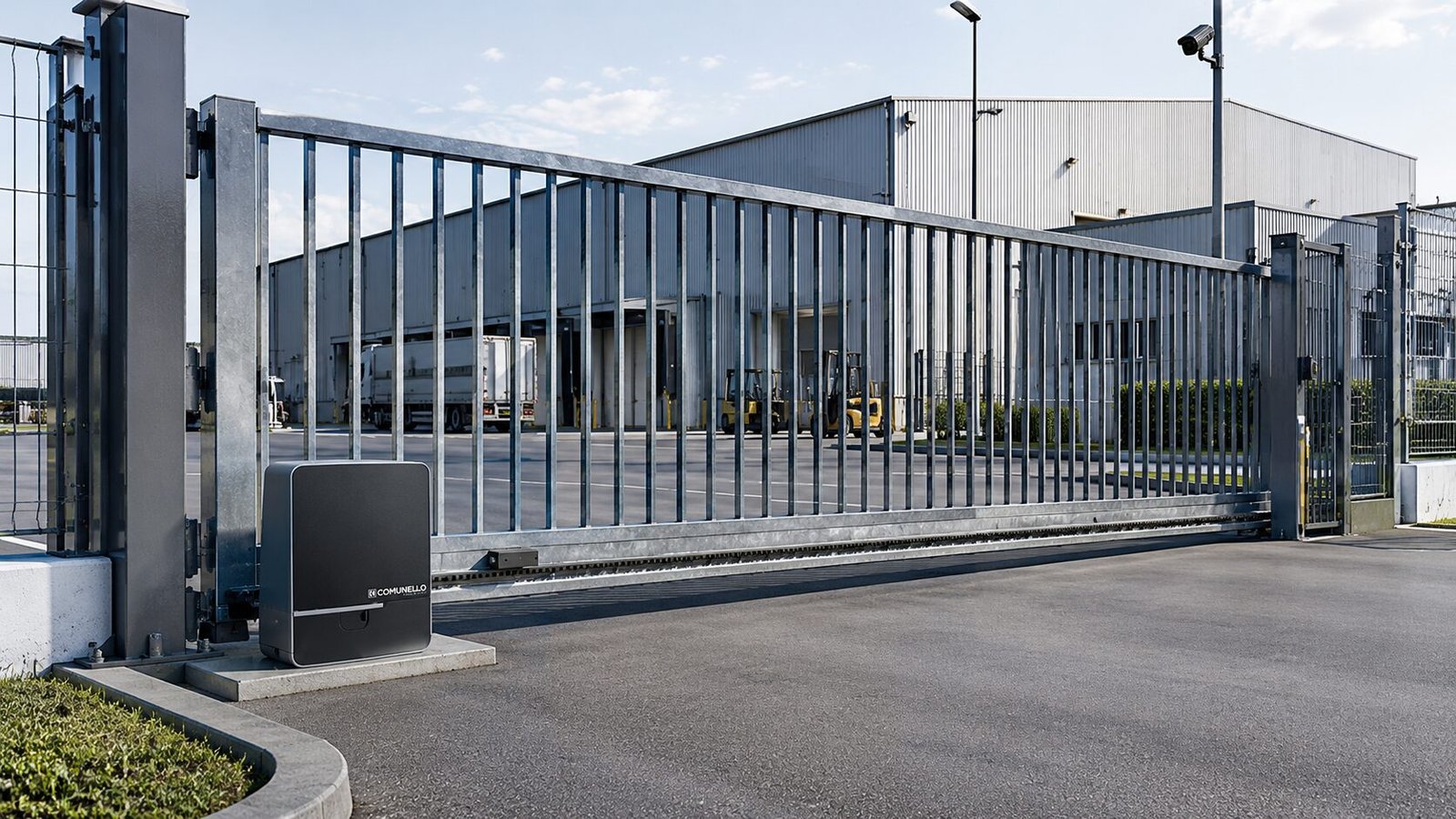 Automatic sliding gate motor installed at the entrance of an industrial warehouse for secure vehicle access