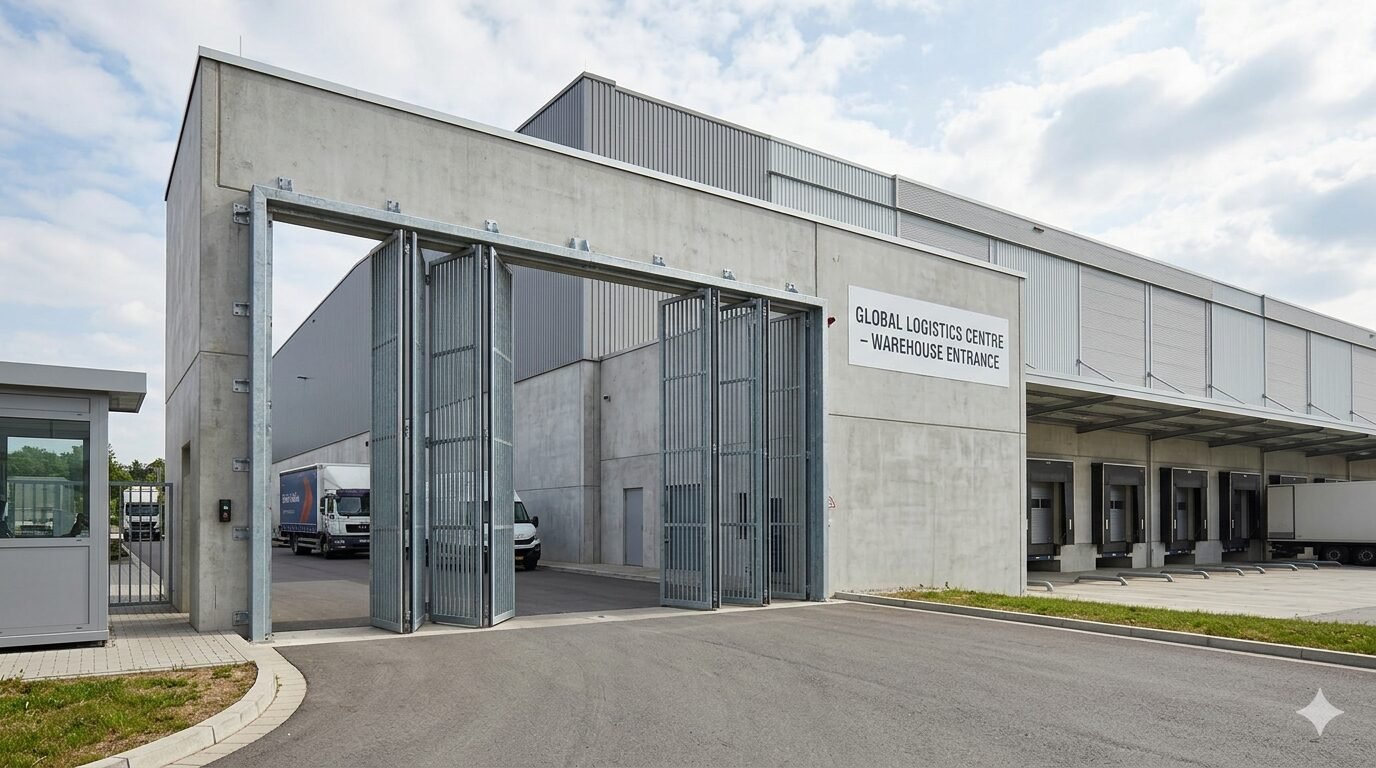 Heavy-duty automatic bi-fold gate structure installed at an industrial facility site footprint.