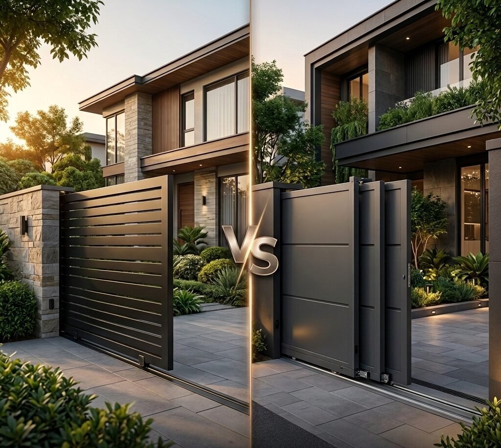 A split-screen product comparison of two modern luxury automatic gate systems against a clean, neutral dark grey background. On the left side, a matte black automatic sliding gate with sleek horizontal slats is shown partially open on its track. On the right side, a premium dark grey automatic telescopic gate is displayed with three panels neatly stacked together in an open position. A thin vertical line divides the two systems.