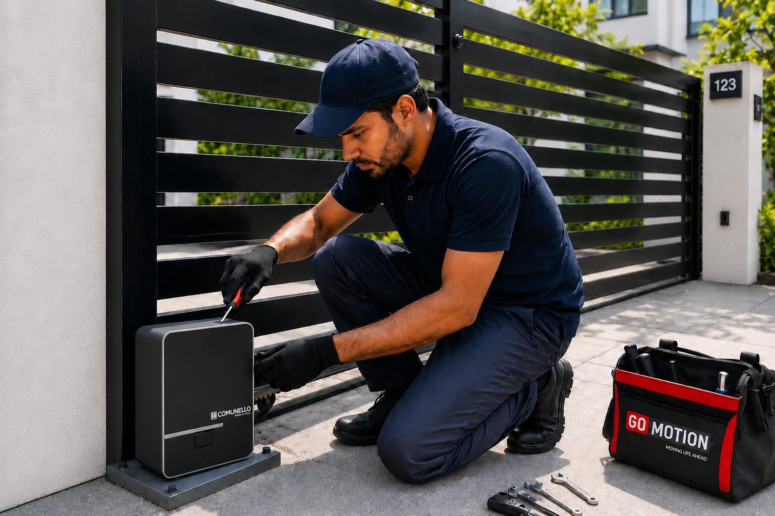 Technician performing preventive maintenance on an automatic sliding gate motor during an annual maintenance service.