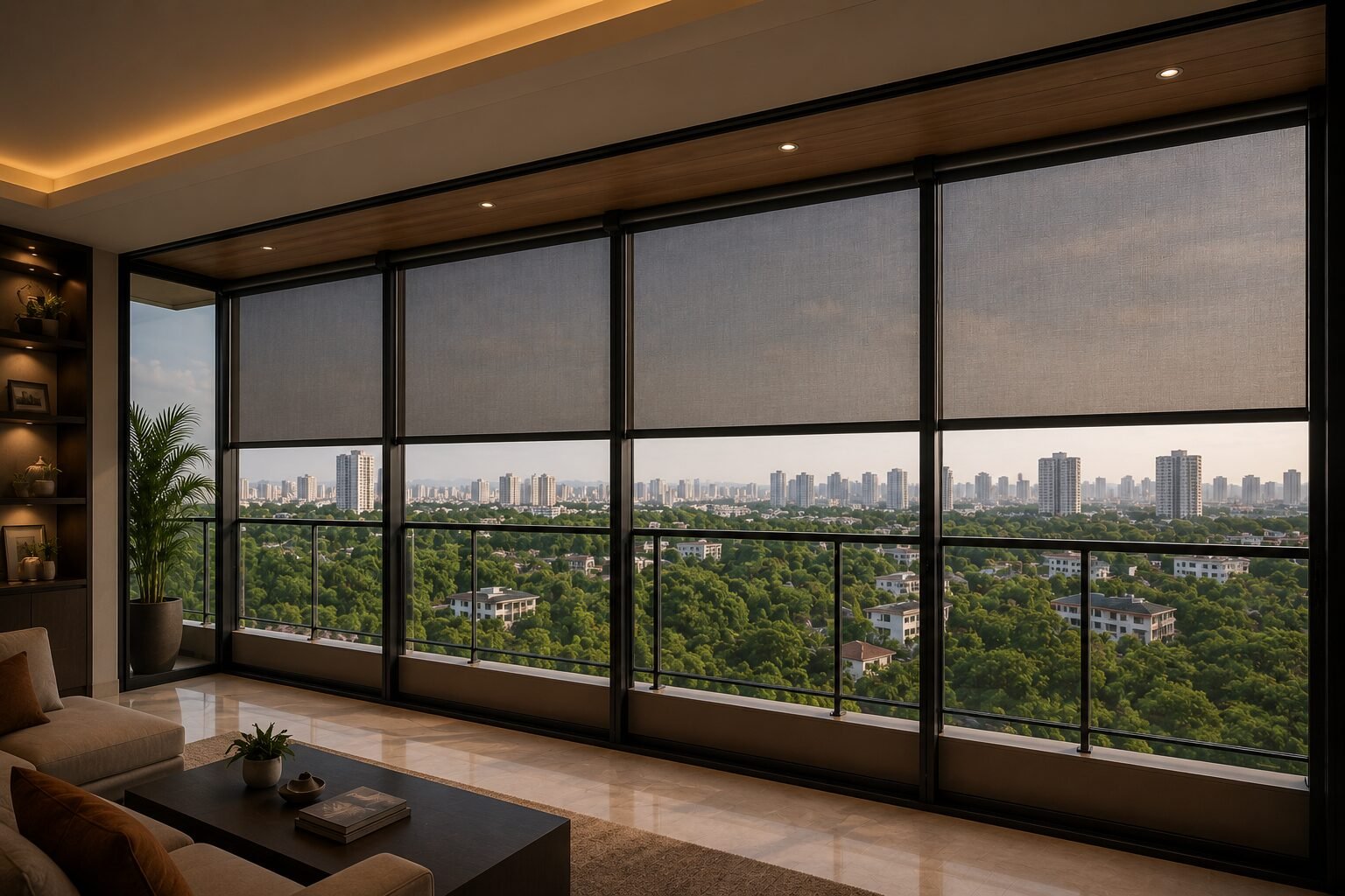 Modern luxury apartment balcony with large motorized dark mesh zip blinds installed, overlooking a lush green cityscape.