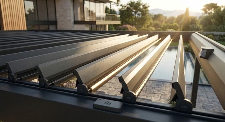 Close-up of adjustable motorized aluminium louver blades on a bioclimatic pergola with integrated weather sensor