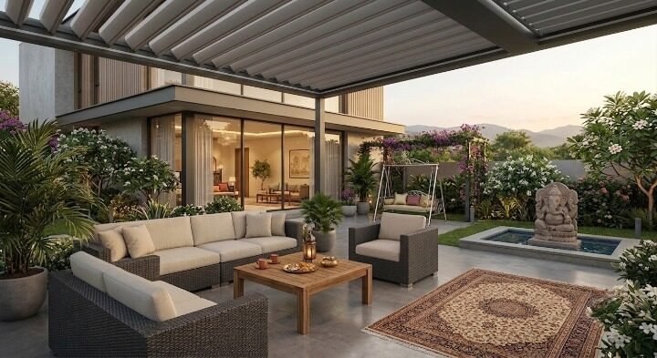 Fully installed bioclimatic pergola over a outdoor patio seating area with luxury garden decor in an Indian home