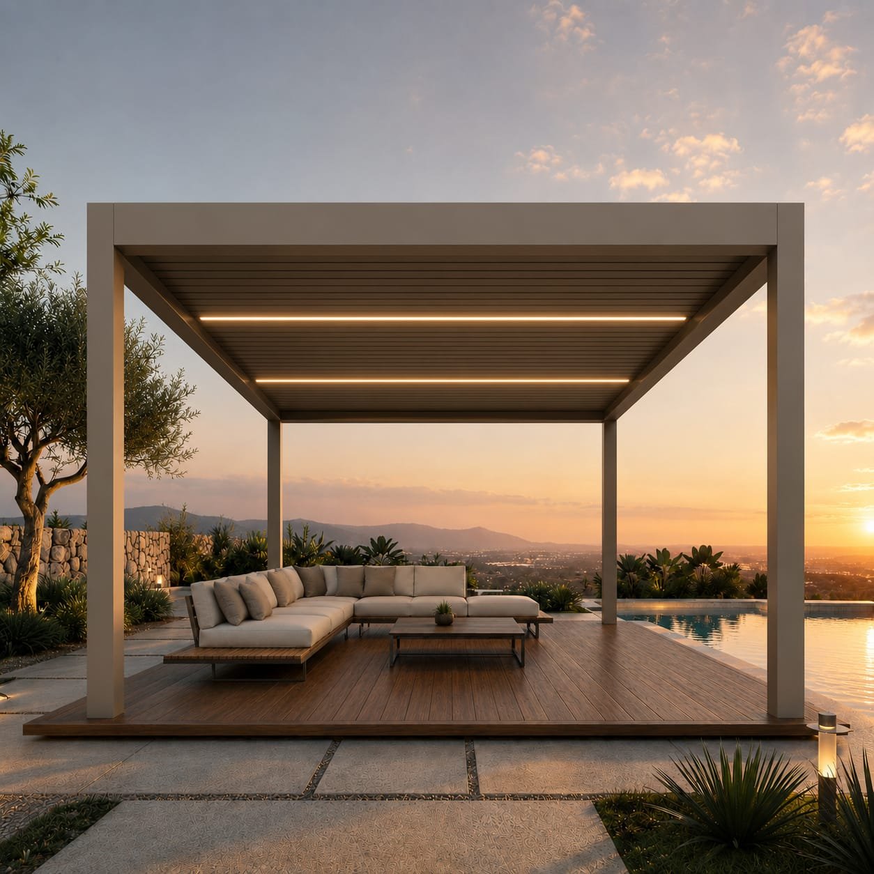 Modern outdoor bioclimatic pergola with integrated LED ceiling lighting over a luxury patio lounge sofa next to a swimming pool at sunset.