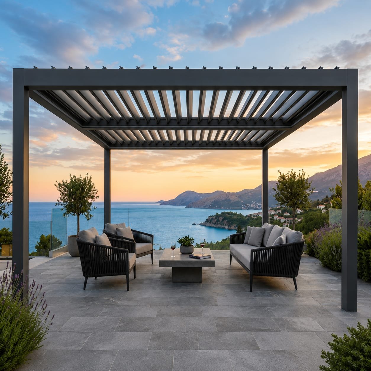 Modern dark grey aluminum bioclimatic pergola with adjustable louvers on a luxury outdoor patio overlooking the sea at sunset.