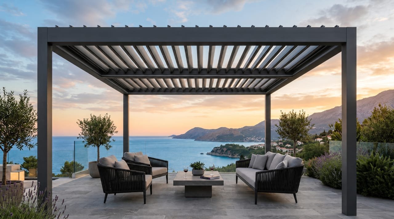 Modern bioclimatic aluminium pergola installed in India with motorized adjustable louver roof