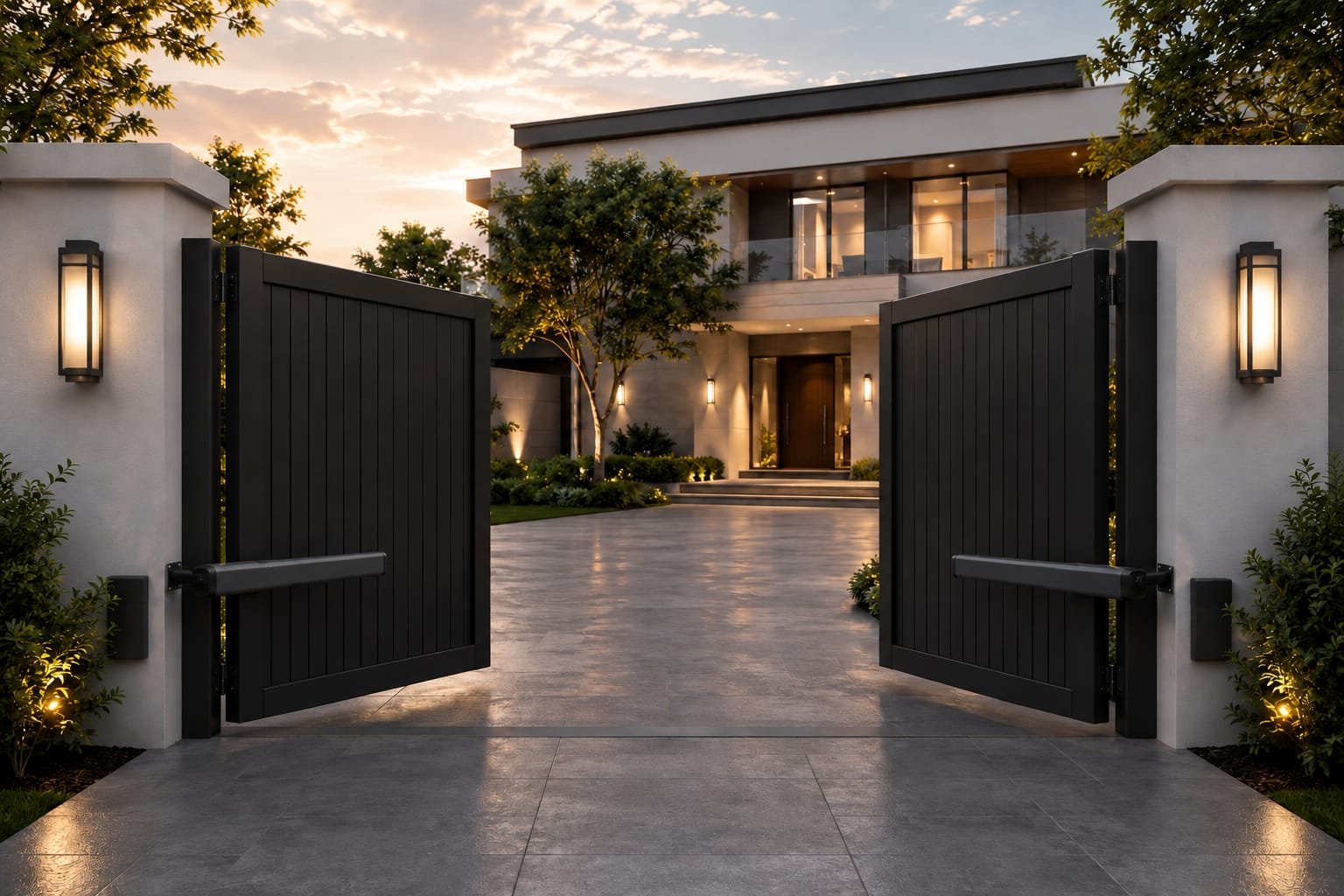 Open black automatic driveway gates mounted on white pillars, leading to a modern luxury home at dusk with warm exterior lighting.
